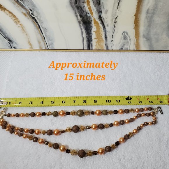 Three Layered Strand Beaded Fall Colors Golden Leaf Clasp Necklace - Picture 4 of 5